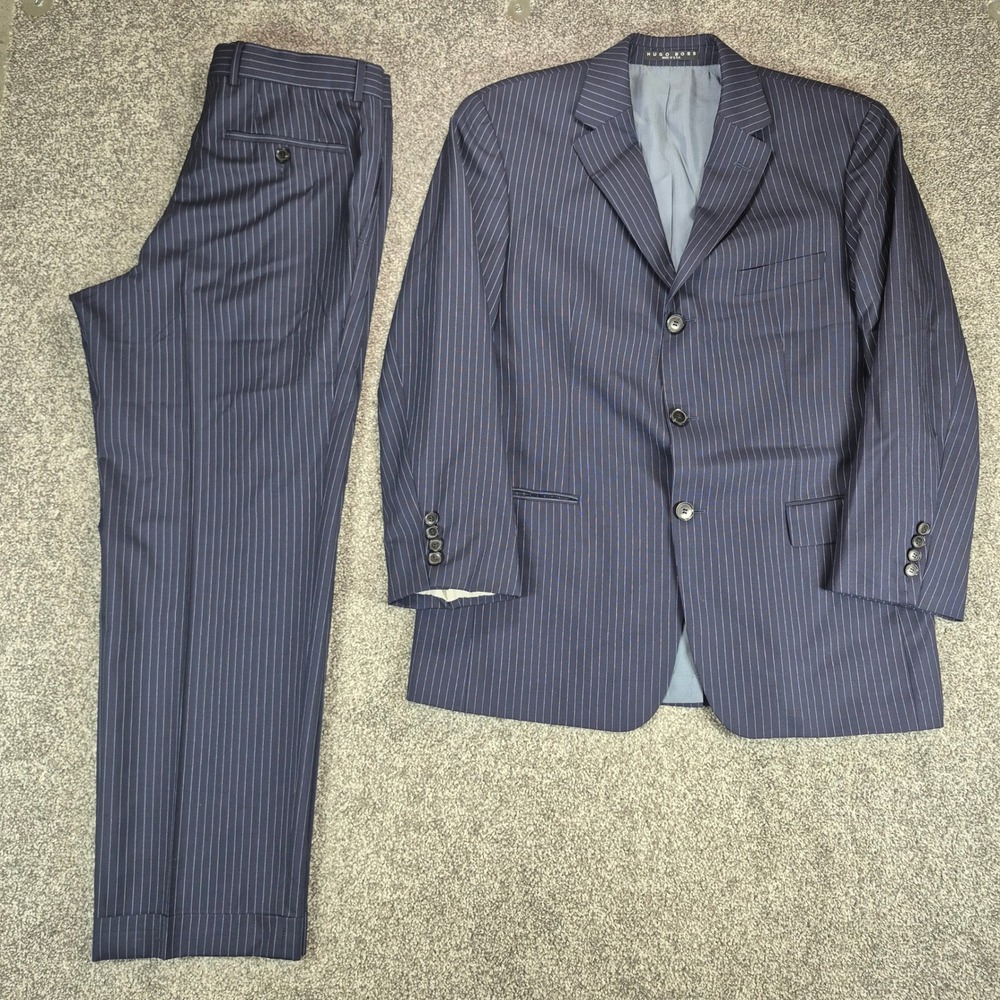 Hugo Boss Loro Piana Suit Mens 40R Navy Blue Pinstripe 100% Wool Made in USA